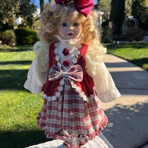 Vintage Brass Key Victorian Garden Collection Porcelain Doll 16" Blonde Stand